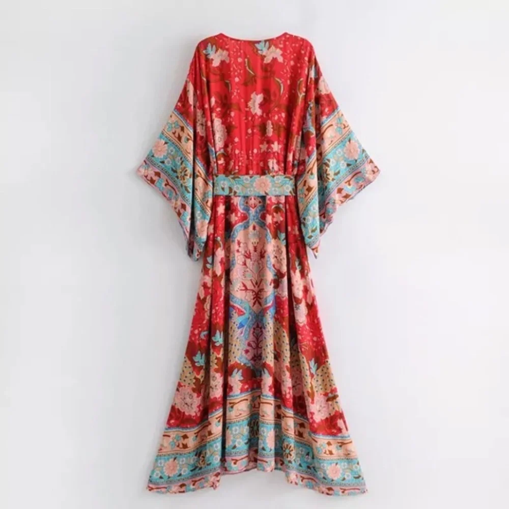 SOLD OUT Bohemian Red Floral Gypsy Kimono Long Maxi Dress - Picture 2 of 16